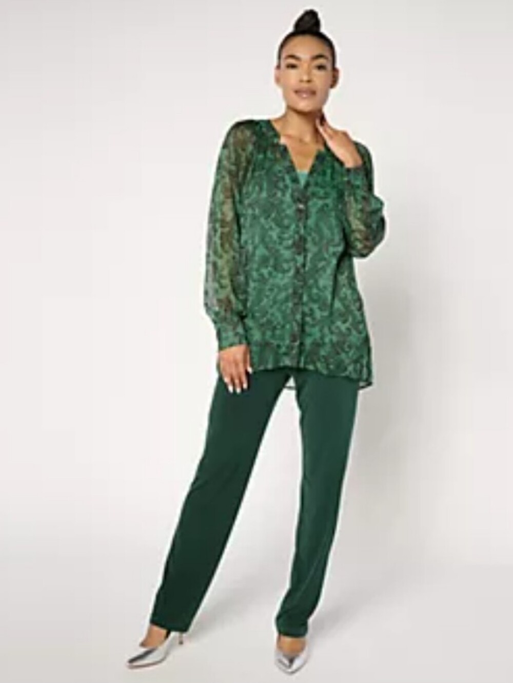 Susan Graver Sheer Emerald Green Blouse With Cami